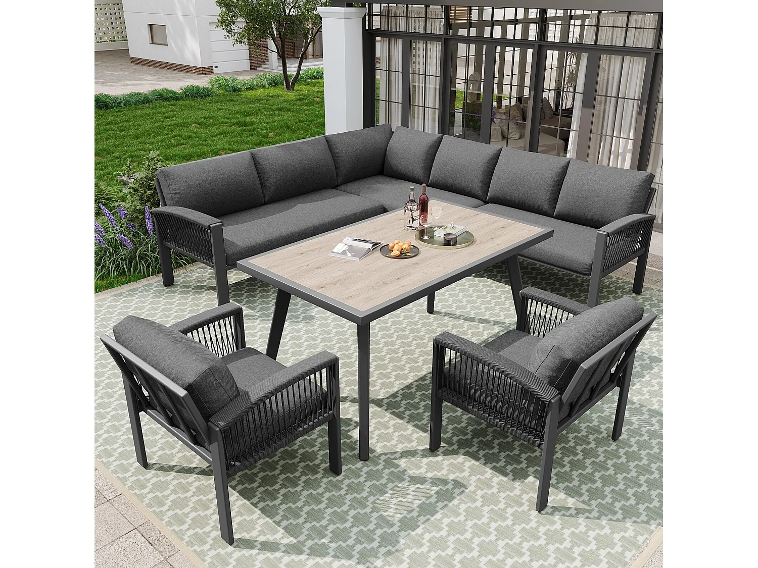 Salon de jardin en métal galvanisé 8 personnes, canapé 4 places + canapé 2 places + 2 fauteuils + table basse, coussins gris