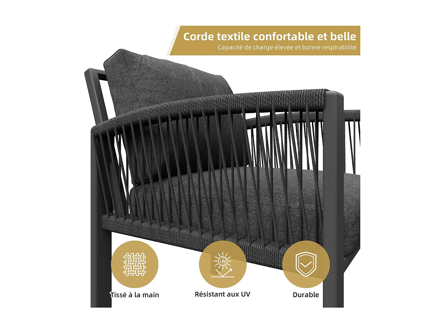 Salon de jardin en métal galvanisé 8 personnes, canapé 4 places + canapé 2 places + 2 fauteuils + table basse, coussins gris