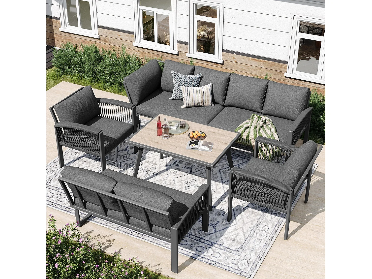 Salon de jardin en métal galvanisé 8 personnes, canapé 4 places + canapé 2 places + 2 fauteuils + table basse, coussins gris