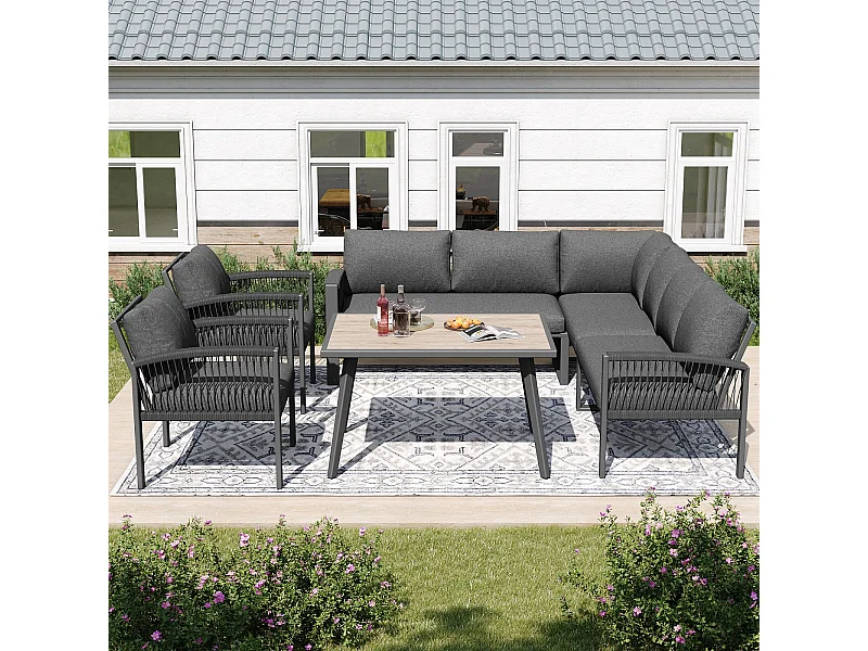 Salon de jardin en métal galvanisé 8 personnes, canapé 4 places + canapé 2 places + 2 fauteuils + table basse, coussins gris