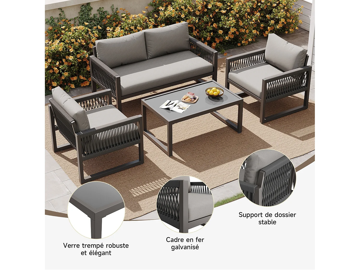 Gartenmöbel mit verstellbaren Füßen - 2 -Seter -Sofa + 2 Sessel + Glas Couchtisch - verzinkter Rahmen - graue Kissen
