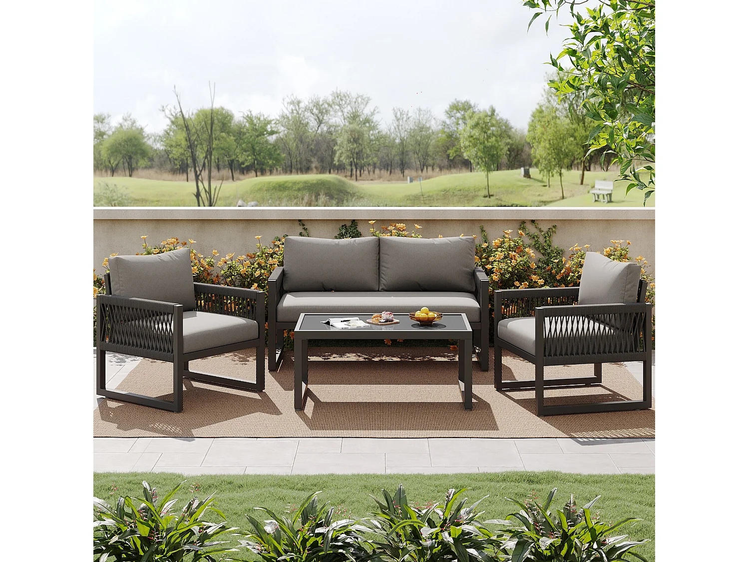 Gartenmöbel mit verstellbaren Füßen - 2 -Seter -Sofa + 2 Sessel + Glas Couchtisch - verzinkter Rahmen - graue Kissen