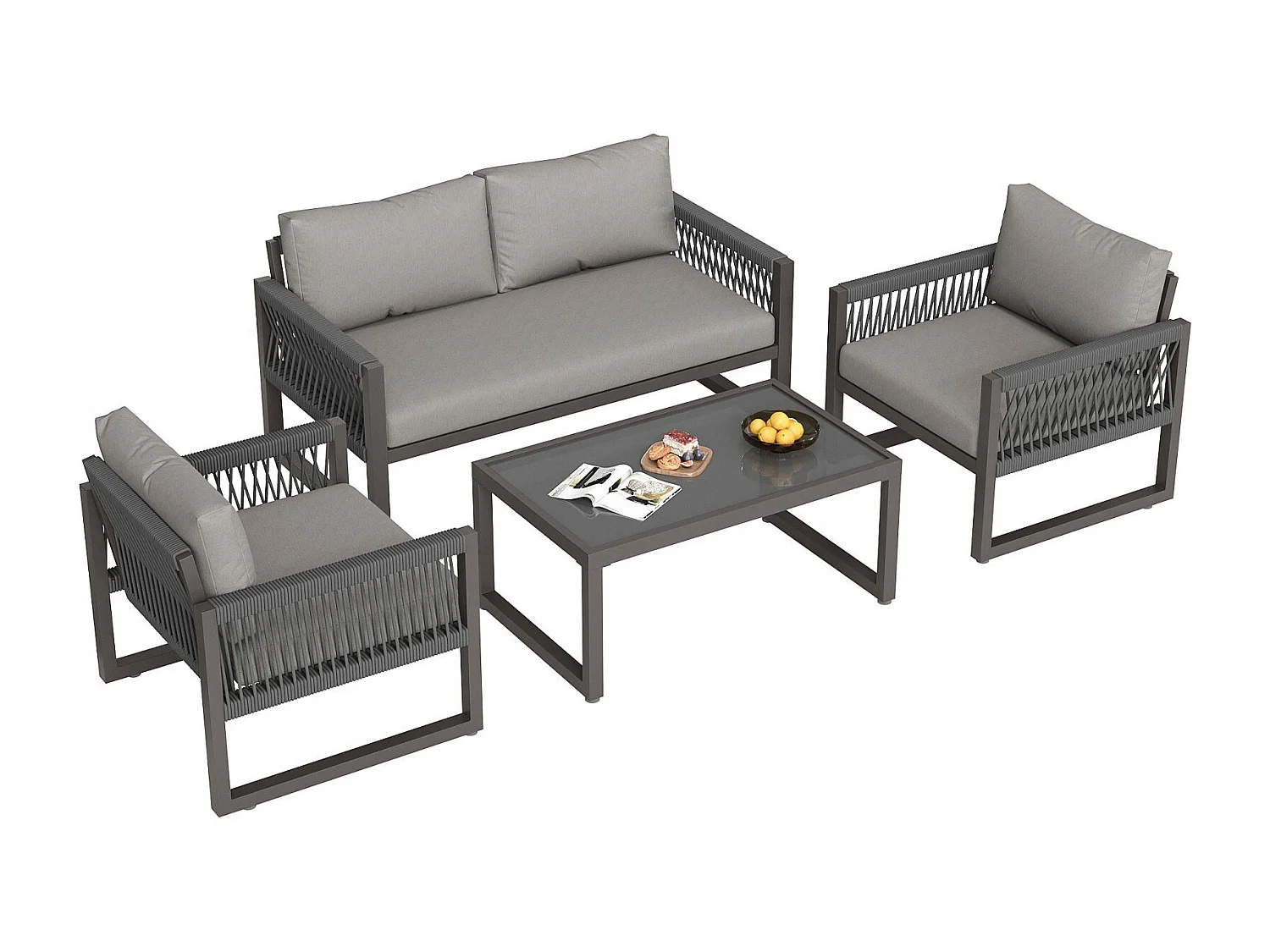 Gartenmöbel mit verstellbaren Füßen - 2 -Seter -Sofa + 2 Sessel + Glas Couchtisch - verzinkter Rahmen - graue Kissen