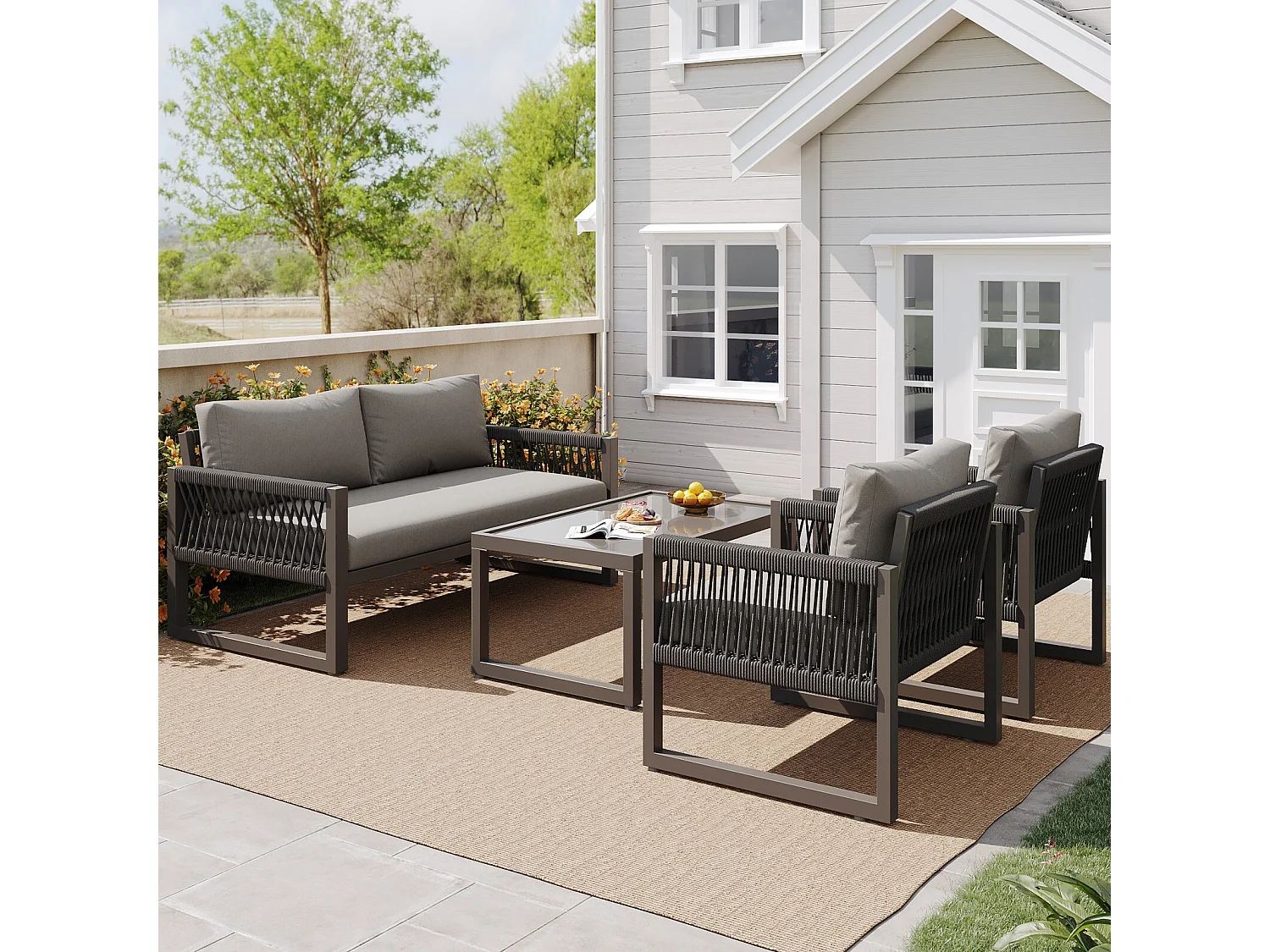 Gartenmöbel mit verstellbaren Füßen - 2 -Seter -Sofa + 2 Sessel + Glas Couchtisch - verzinkter Rahmen - graue Kissen