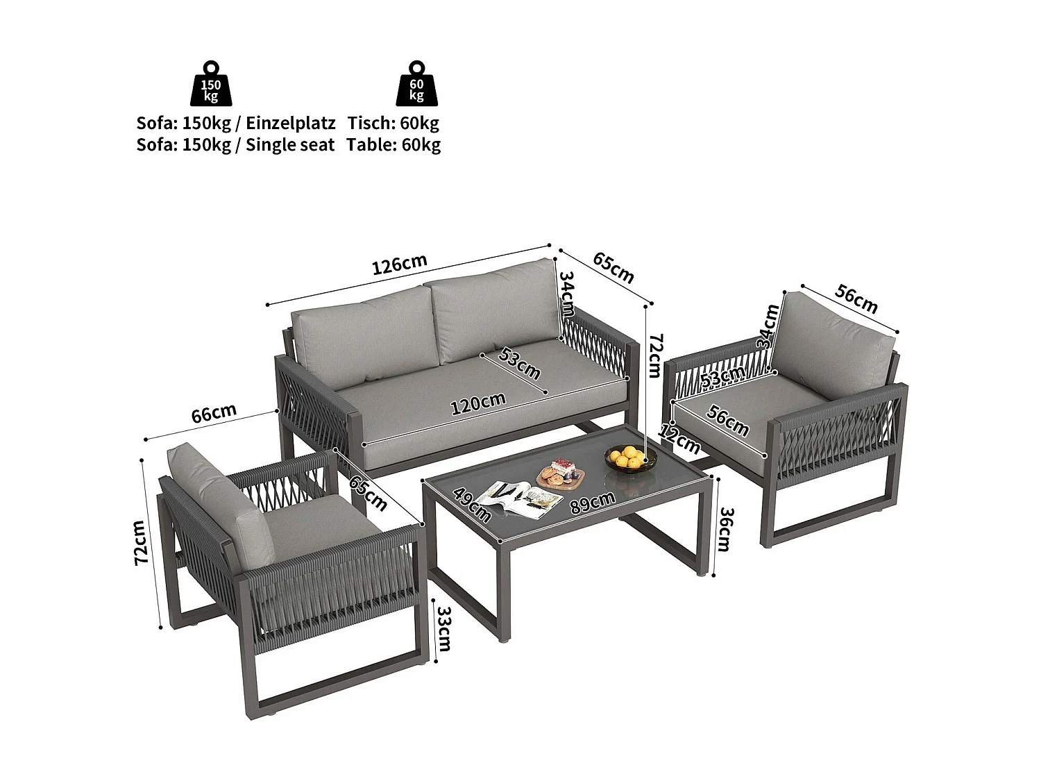Gartenmöbel mit verstellbaren Füßen - 2 -Seter -Sofa + 2 Sessel + Glas Couchtisch - verzinkter Rahmen - graue Kissen