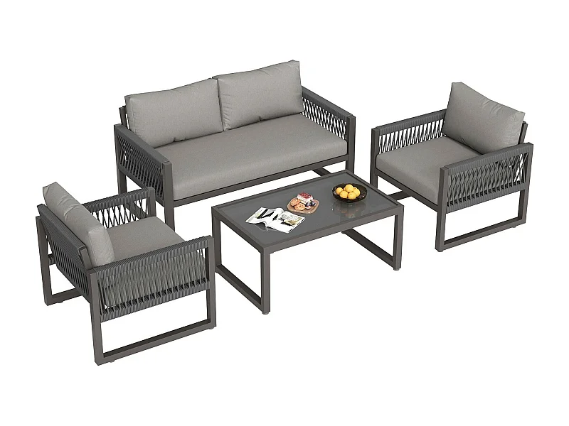 Salon de jardin avec pieds réglables - canapé 2 places + 2 fauteuils + table basse en verre - cadre galvanisé - coussins gris