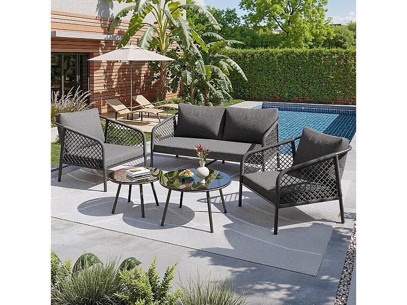 Salon de jardin ergonomique, un canapé 2 places + 2 fauteuils + tables gigognes en verre, avec coussins gris