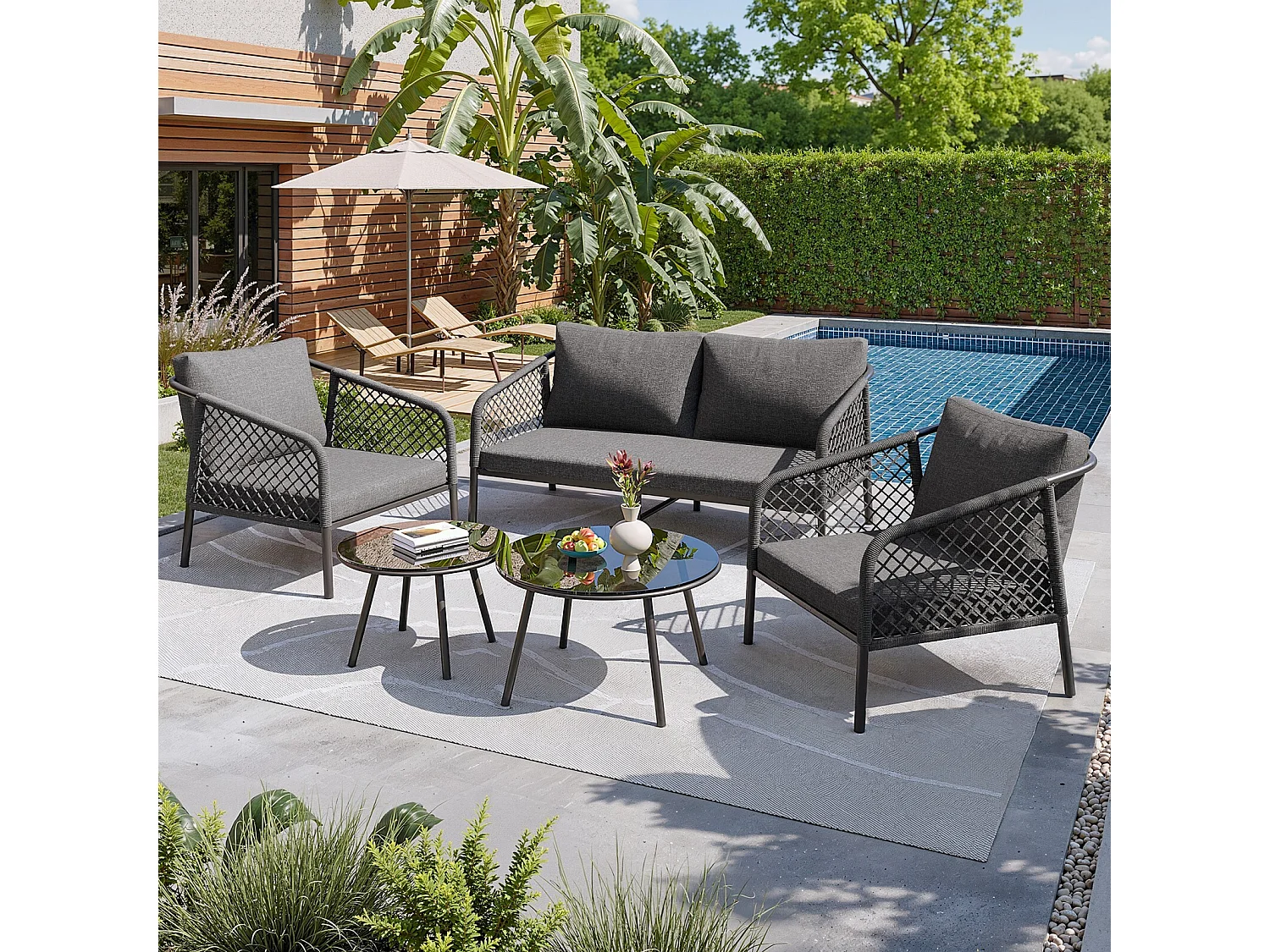 Salon de jardin ergonomique, un canapé 2 places + 2 fauteuils + tables gigognes en verre, avec coussins gris