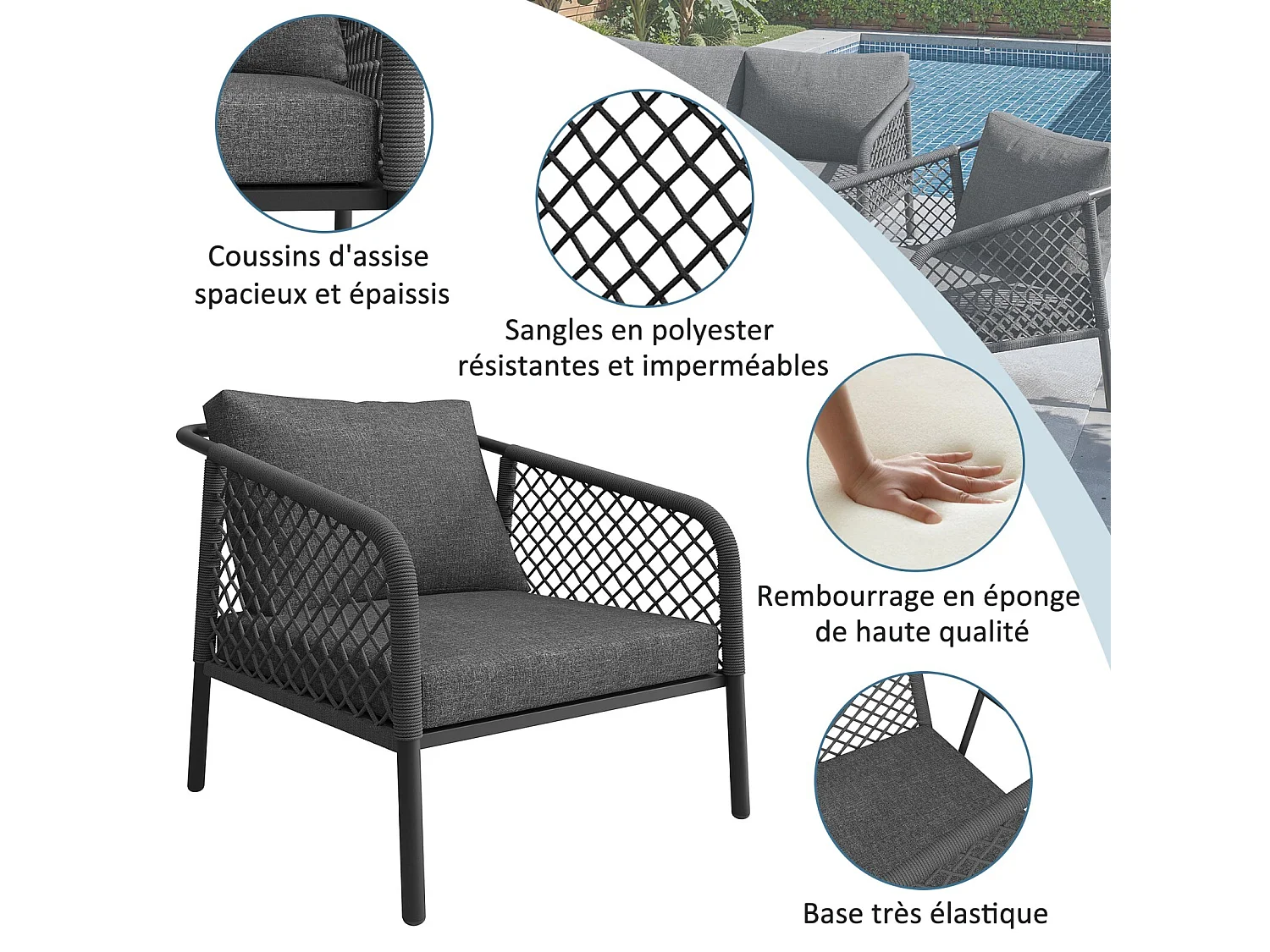 Salon de jardin ergonomique, un canapé 2 places + 2 fauteuils + tables gigognes en verre, avec coussins gris