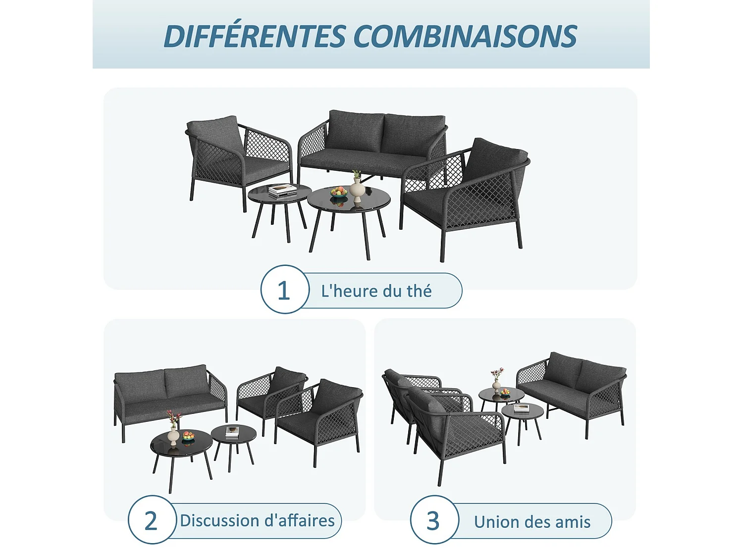 Salon de jardin ergonomique, un canapé 2 places + 2 fauteuils + tables gigognes en verre, avec coussins gris