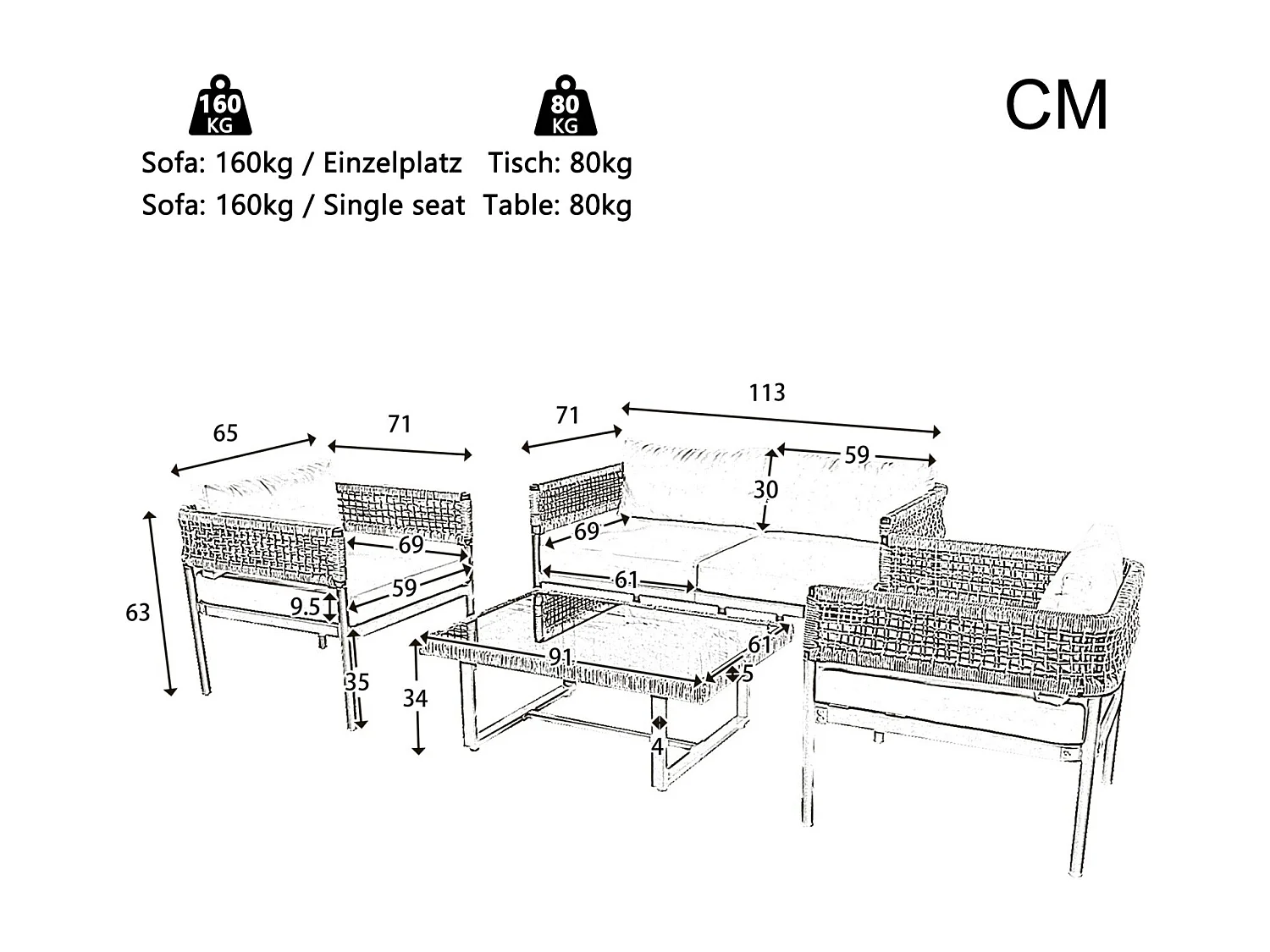 Gegalvaniseerd ijzeren tuinmeubilair: 2 -senter bank + 2 fauteuils + glazen salontafel, beige kussens, verstelbare voeten