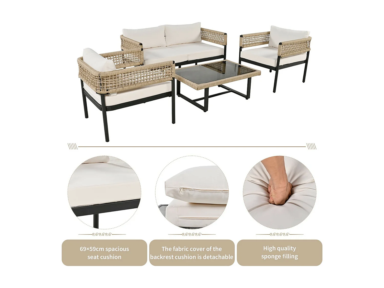 Gegalvaniseerd ijzeren tuinmeubilair: 2 -senter bank + 2 fauteuils + glazen salontafel, beige kussens, verstelbare voeten