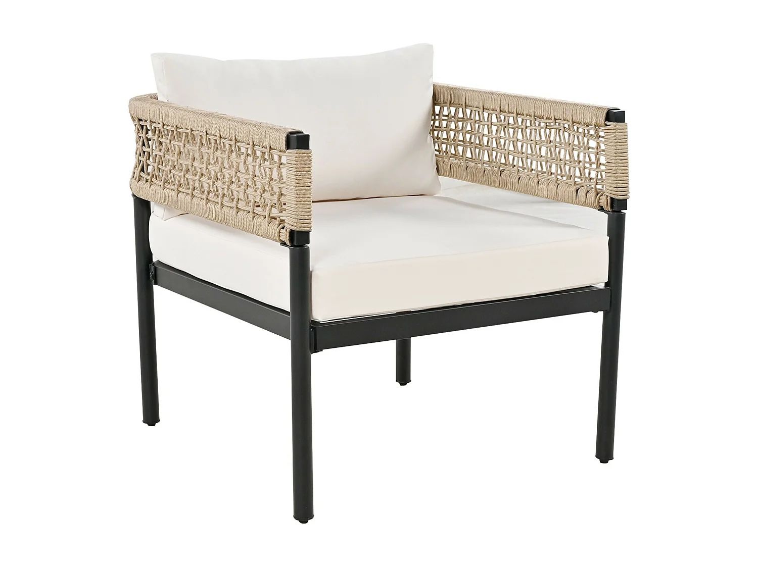 Gegalvaniseerd ijzeren tuinmeubilair: 2 -senter bank + 2 fauteuils + glazen salontafel, beige kussens, verstelbare voeten