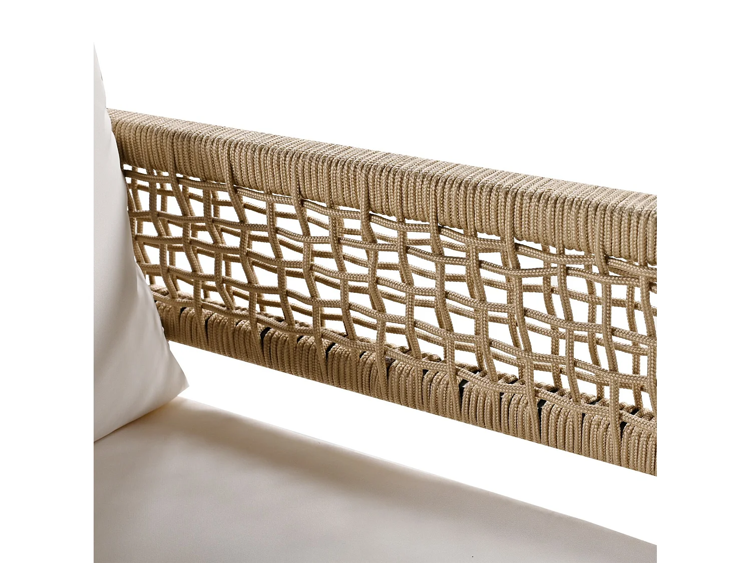 Gegalvaniseerd ijzeren tuinmeubilair: 2 -senter bank + 2 fauteuils + glazen salontafel, beige kussens, verstelbare voeten