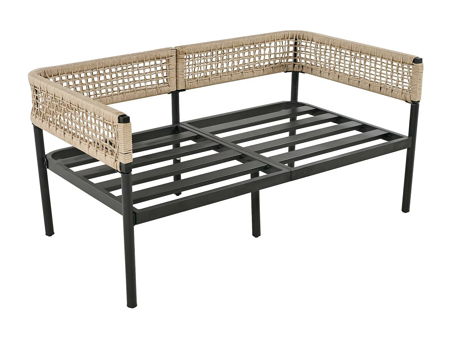 Gegalvaniseerd ijzeren tuinmeubilair: 2 -senter bank + 2 fauteuils + glazen salontafel, beige kussens, verstelbare voeten