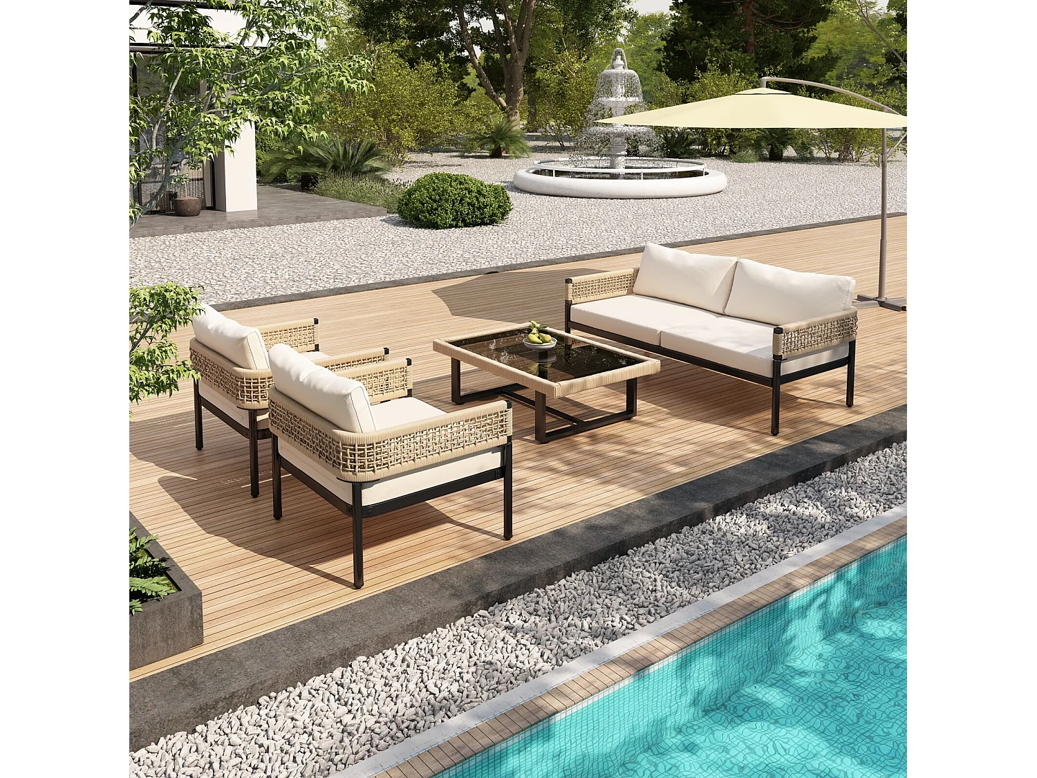 Salon de jardin en fer galvanisé: canapé 2 places + 2 fauteuils + table basse en verre, coussins beige, pieds réglables