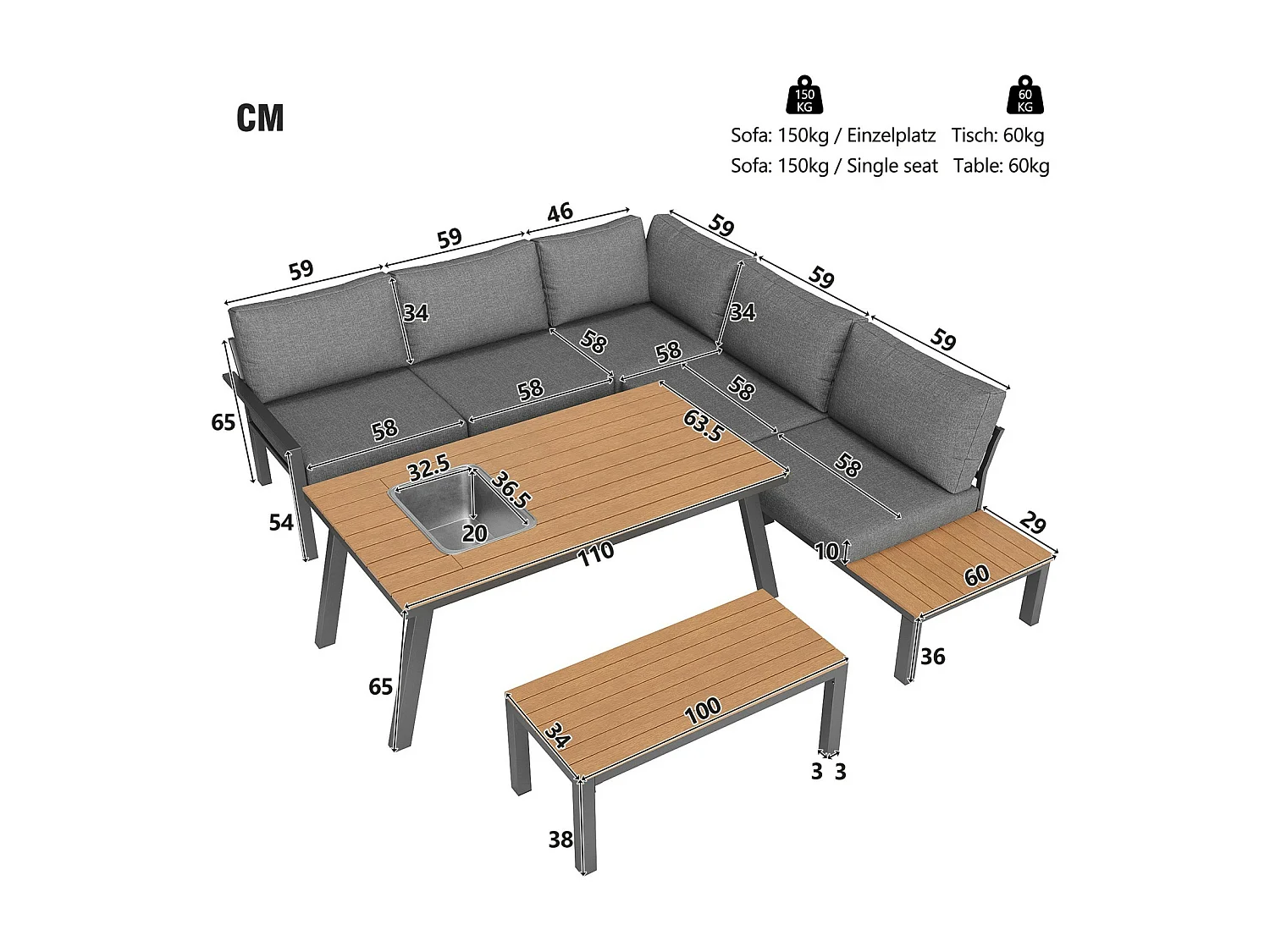 Móveis de jardim 6-7 pessoas: dois sofá-sofá de dois lugares + sofá de canto + fezes + mesa de café com balde de sorvete removível