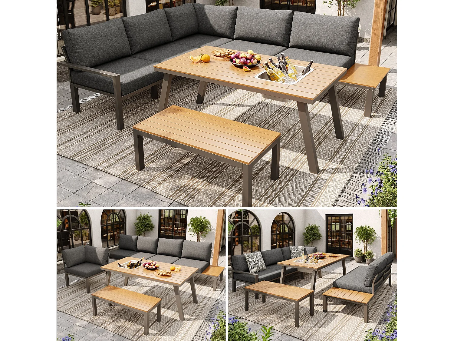 Móveis de jardim 6-7 pessoas: dois sofá-sofá de dois lugares + sofá de canto + fezes + mesa de café com balde de sorvete removível