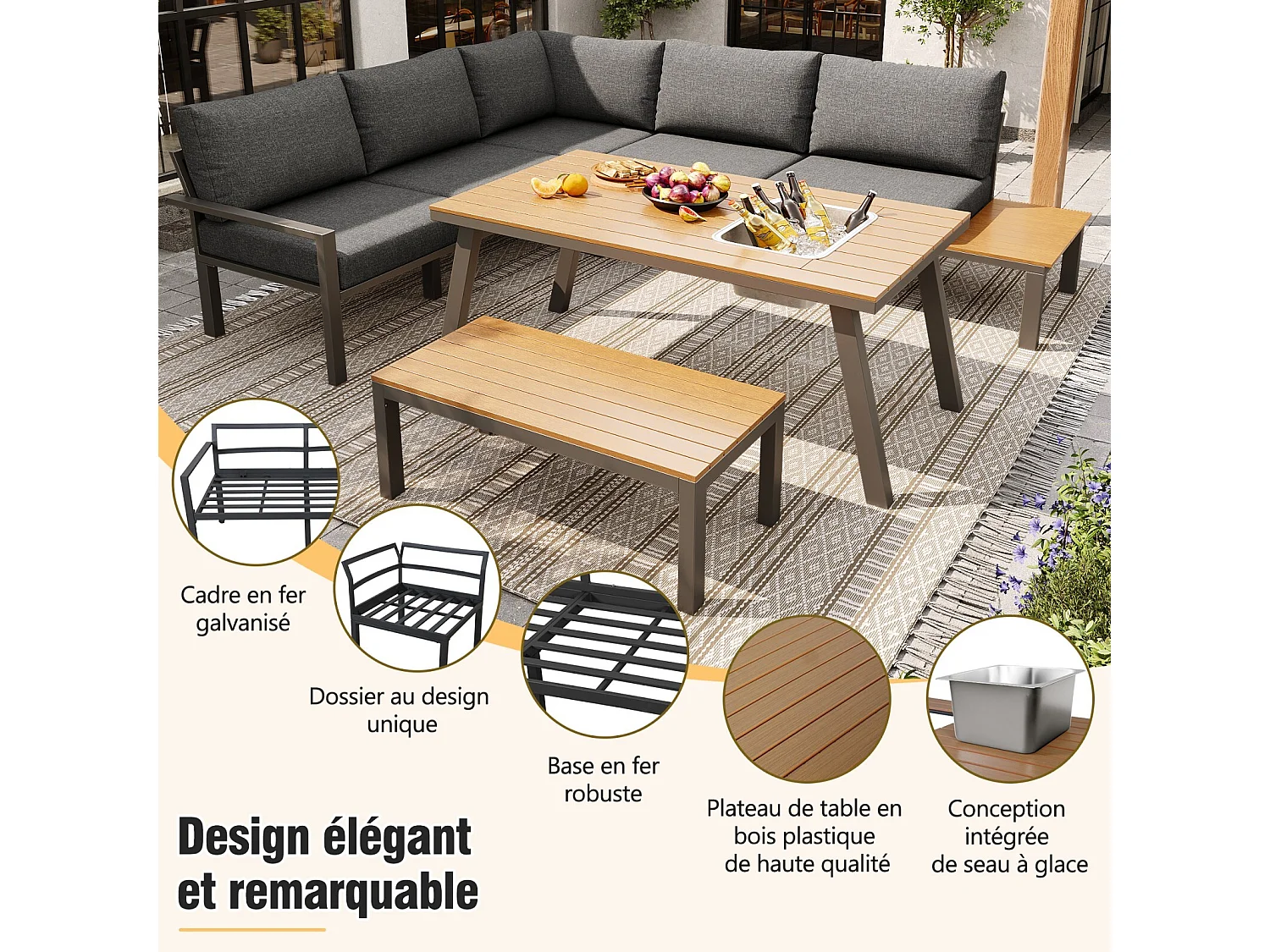 Móveis de jardim 6-7 pessoas: dois sofá-sofá de dois lugares + sofá de canto + fezes + mesa de café com balde de sorvete removível