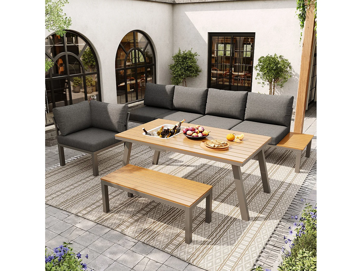 Móveis de jardim 6-7 pessoas: dois sofá-sofá de dois lugares + sofá de canto + fezes + mesa de café com balde de sorvete removível