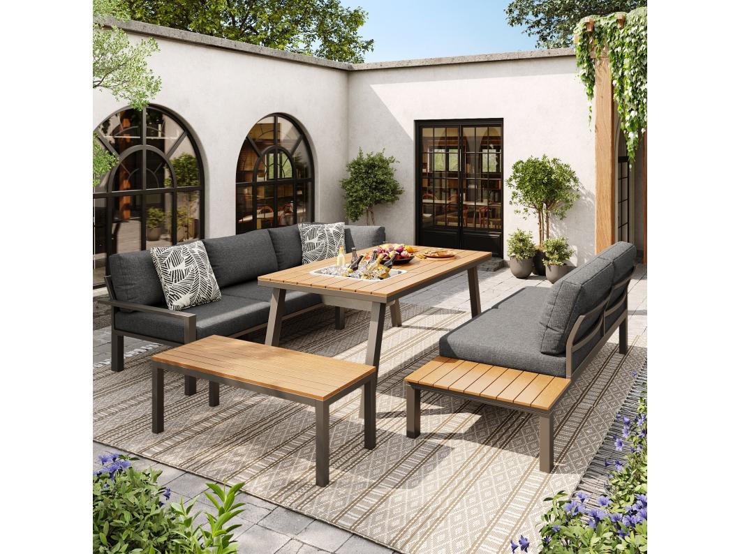 Muebles de jardín 6-7 personas: dos sofá de 2 plazas + sofá de esquina + taburete + mesa de café con cubo de helado extraíble