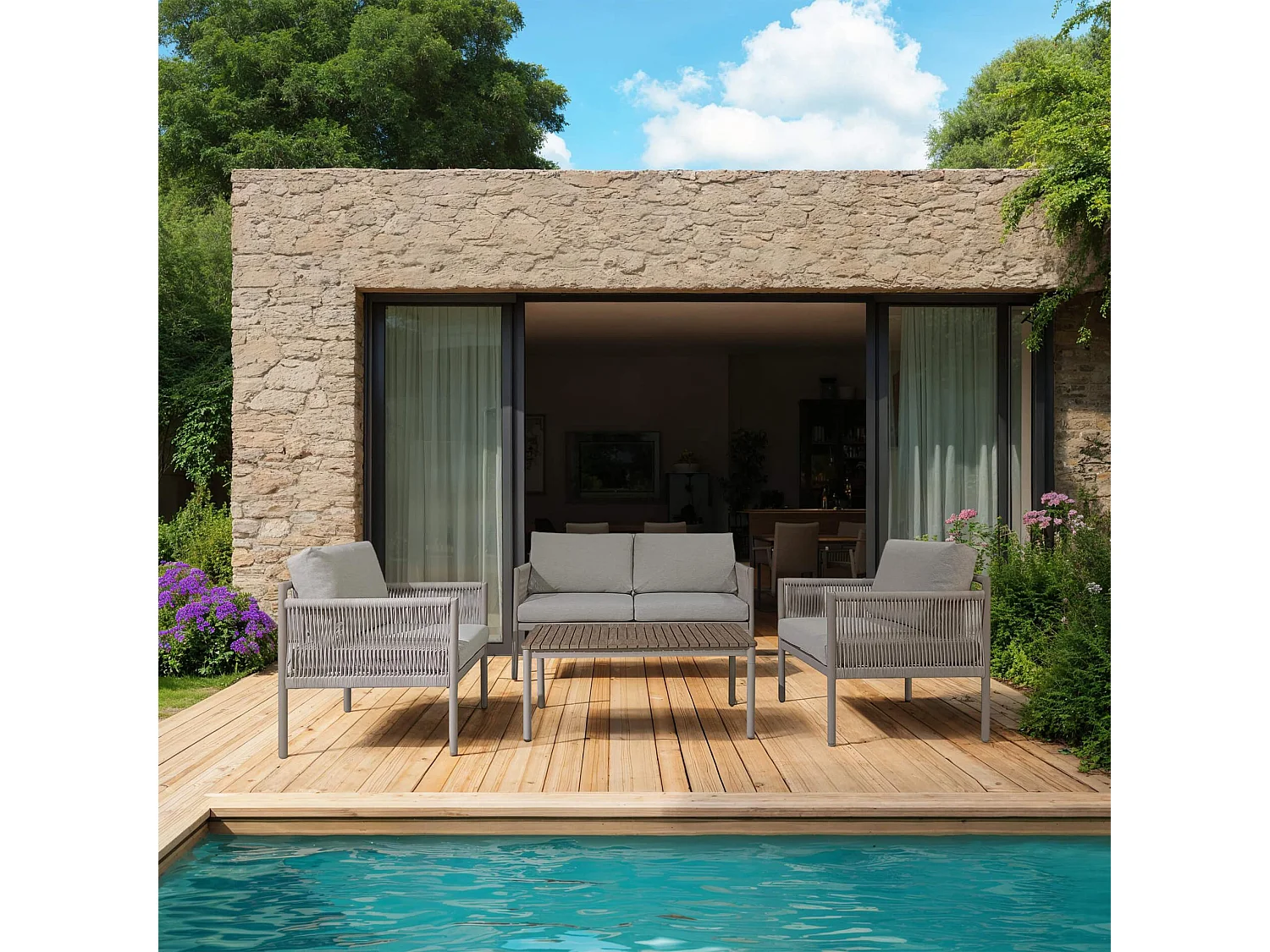 Salotto da Giardino Rebecca Mobili Makopa 68x135x67 Alluminio PE Grigio Chiaro Marrone Moderno SET 4 pz