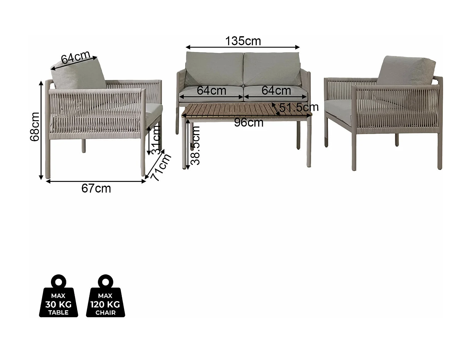 Salotto da Giardino Rebecca Mobili Makopa 68x135x67 Alluminio PE Grigio Chiaro Marrone Moderno SET 4 pz