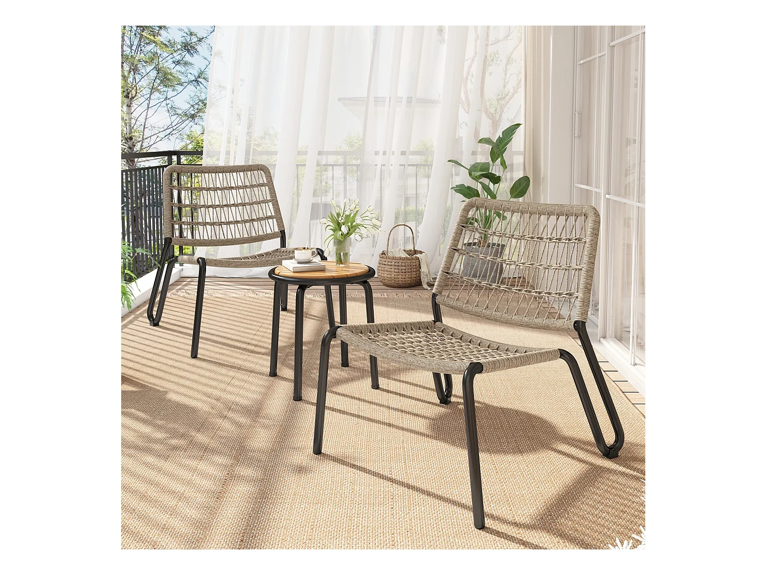 2-zits tuinmeubelset - gegalvaniseerd staal - 2 ergonomische fauteuils en een ronde bijzettafel - max. belasting 160 kg - Beige