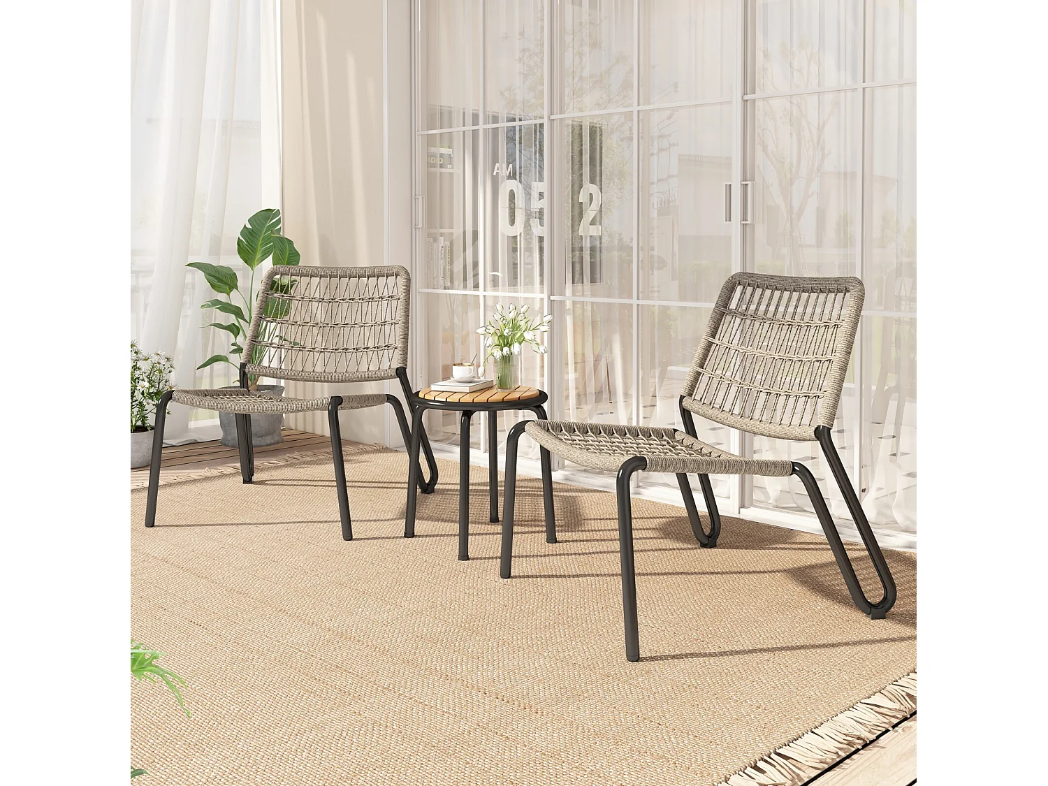2-zits tuinmeubelset - gegalvaniseerd staal - 2 ergonomische fauteuils en een ronde bijzettafel - max. belasting 160 kg - Beige