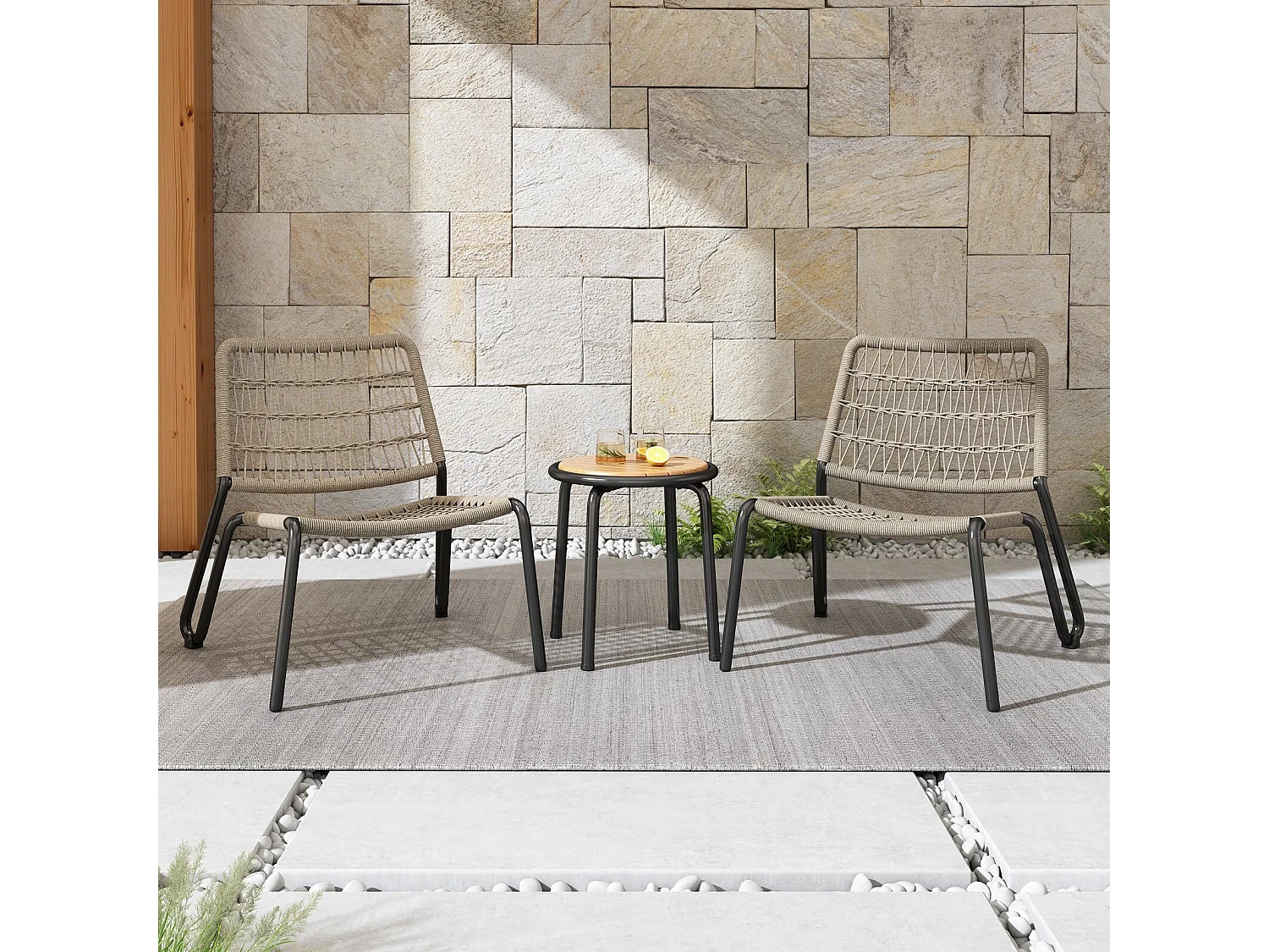 2-zits tuinmeubelset - gegalvaniseerd staal - 2 ergonomische fauteuils en een ronde bijzettafel - max. belasting 160 kg - Beige
