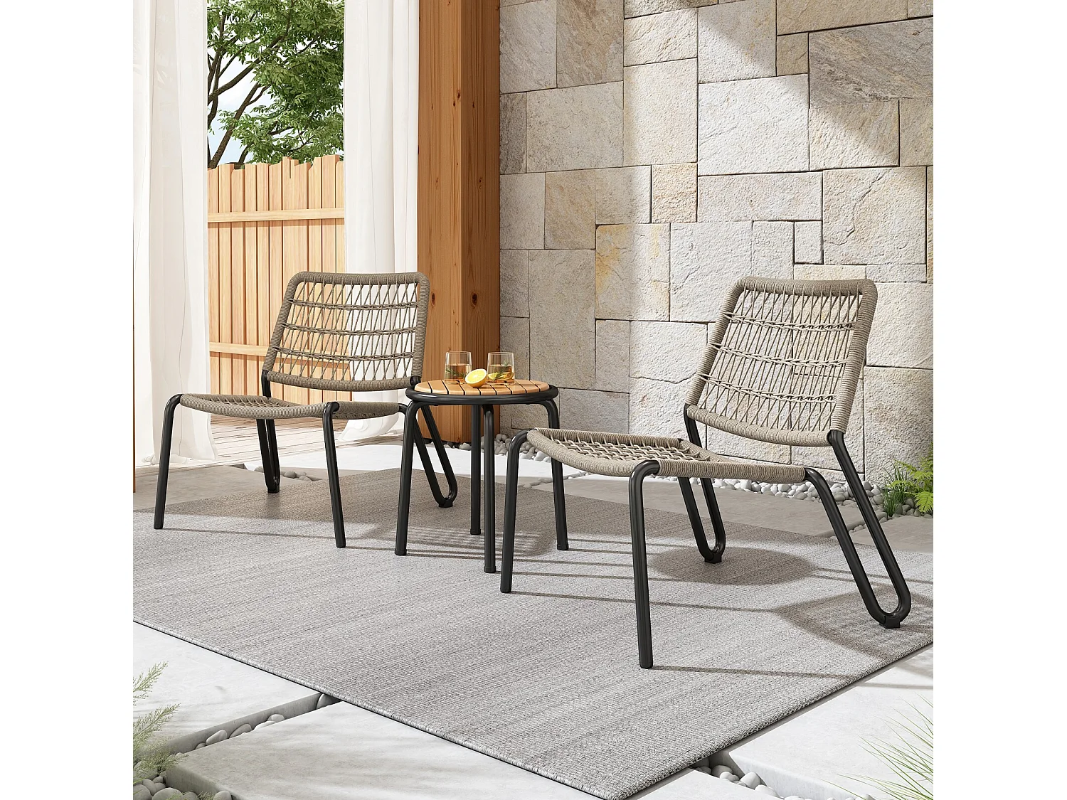 2-zits tuinmeubelset - gegalvaniseerd staal - 2 ergonomische fauteuils en een ronde bijzettafel - max. belasting 160 kg - Beige