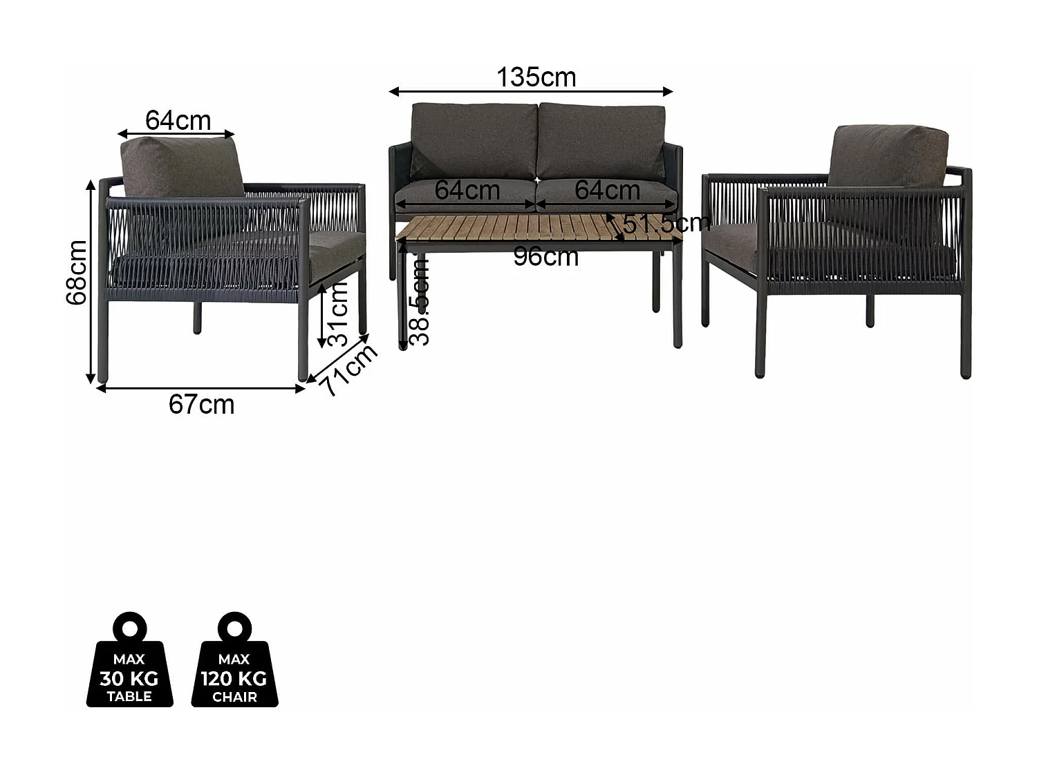 Salotto da Giardino Rebecca Mobili Felfel 68x135x67 Alluminio PE Grigio Scuro Marrone Moderno SET 4 pz
