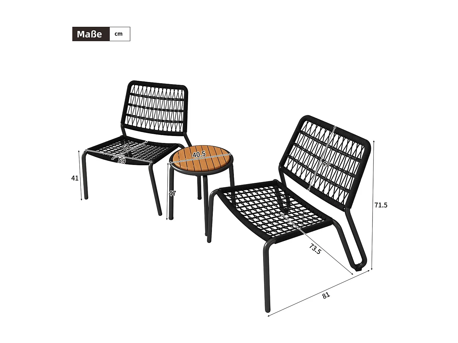 Set di 3 mobili da giardino in acciaio zincato - 2 poltrone ergonomiche e un tavolo extra rotondo - carico massimo da 160 kg - nero