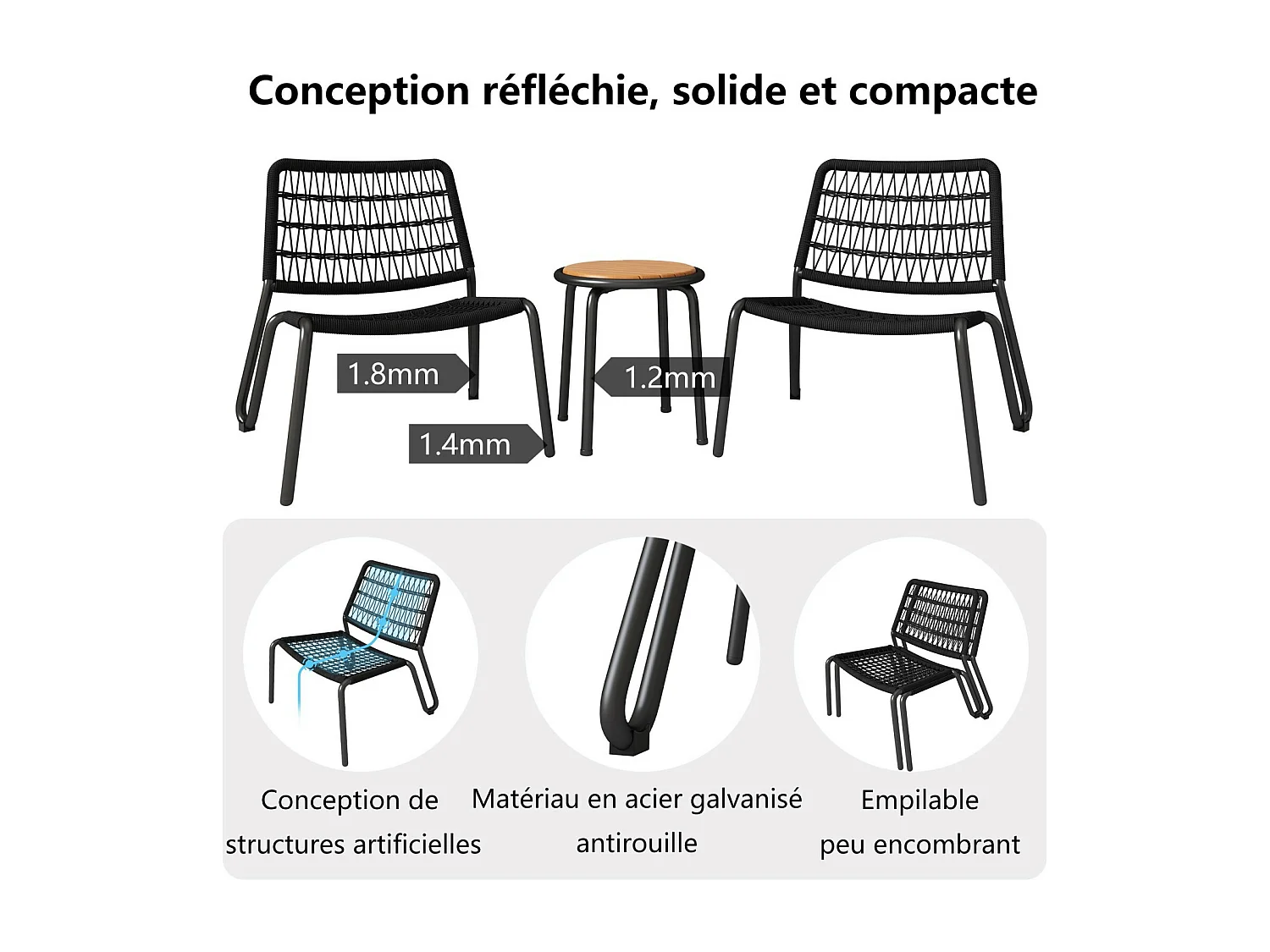 Set di 3 mobili da giardino in acciaio zincato - 2 poltrone ergonomiche e un tavolo extra rotondo - carico massimo da 160 kg - nero