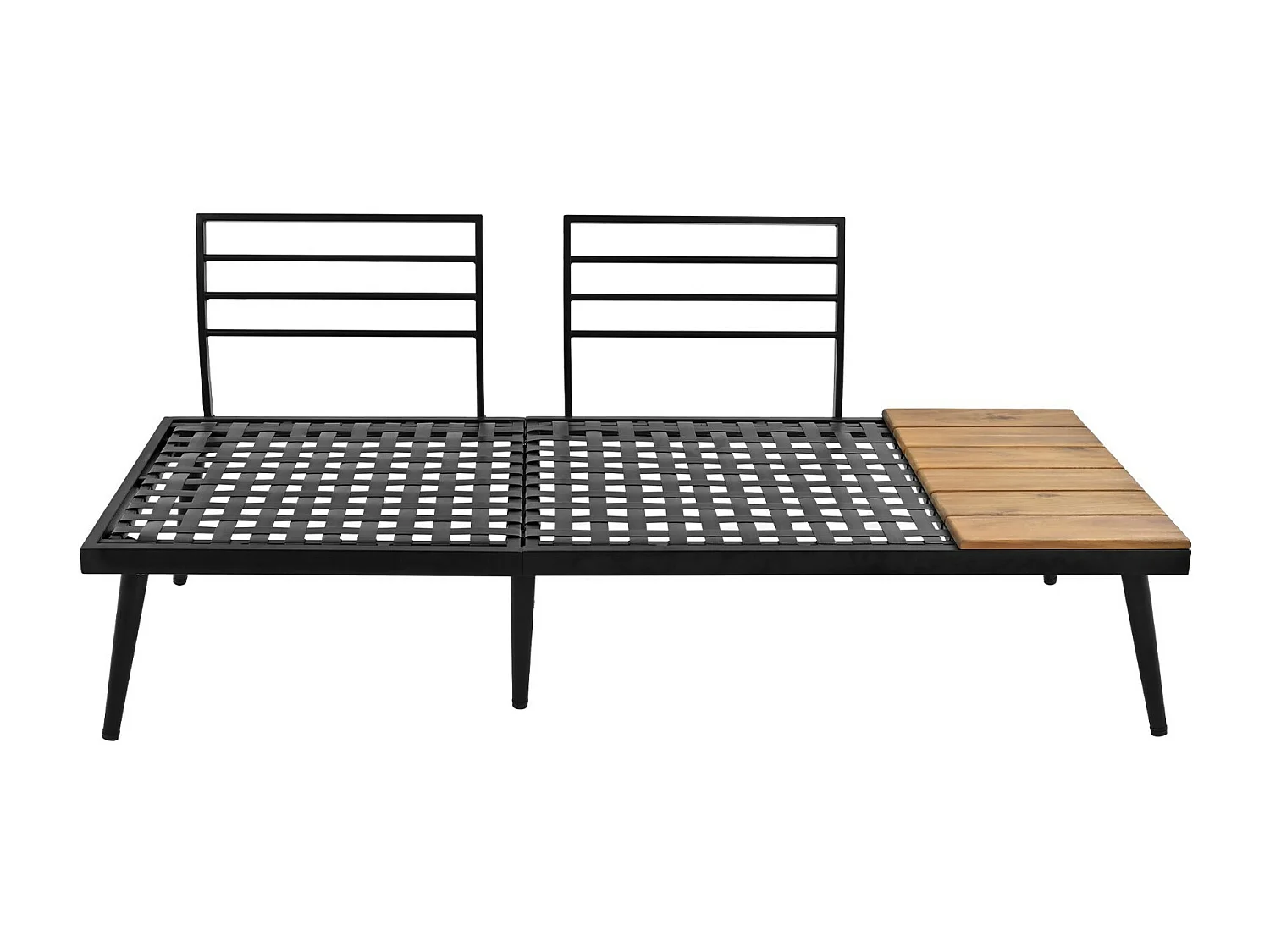 Salon de jardin 5 à 6 personnes, avec cadre en fer galvanisé et bois Acacia, canapé modulable + tables gigognes