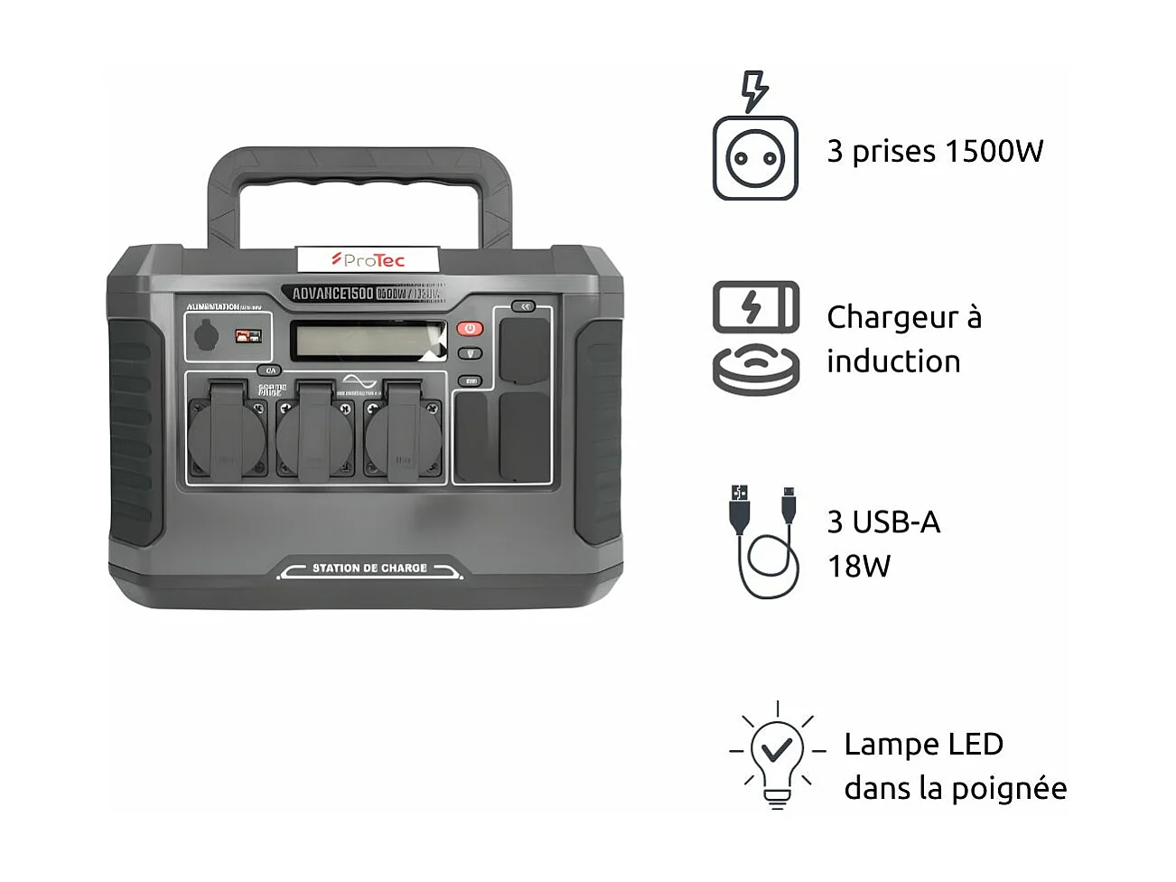 Station d'énergie portable Advance 1500 - Générateur électrique - 1328Wh/1500W - Sortie AC - Noir - Protec