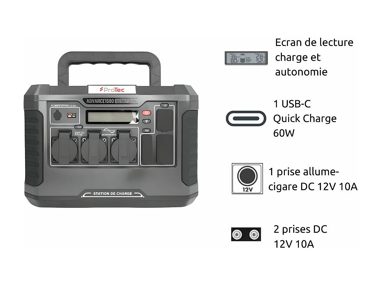 Station d'énergie portable Advance 1500 - Générateur électrique - 1328Wh/1500W - Sortie AC - Noir - Protec