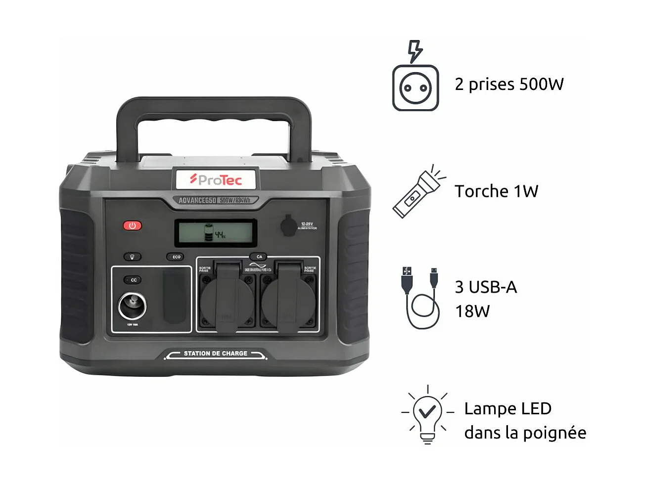 Station d'énergie portable Advance 650 - Générateur électrique - 634Wh/600W - Sortie AC - Noir - Protec