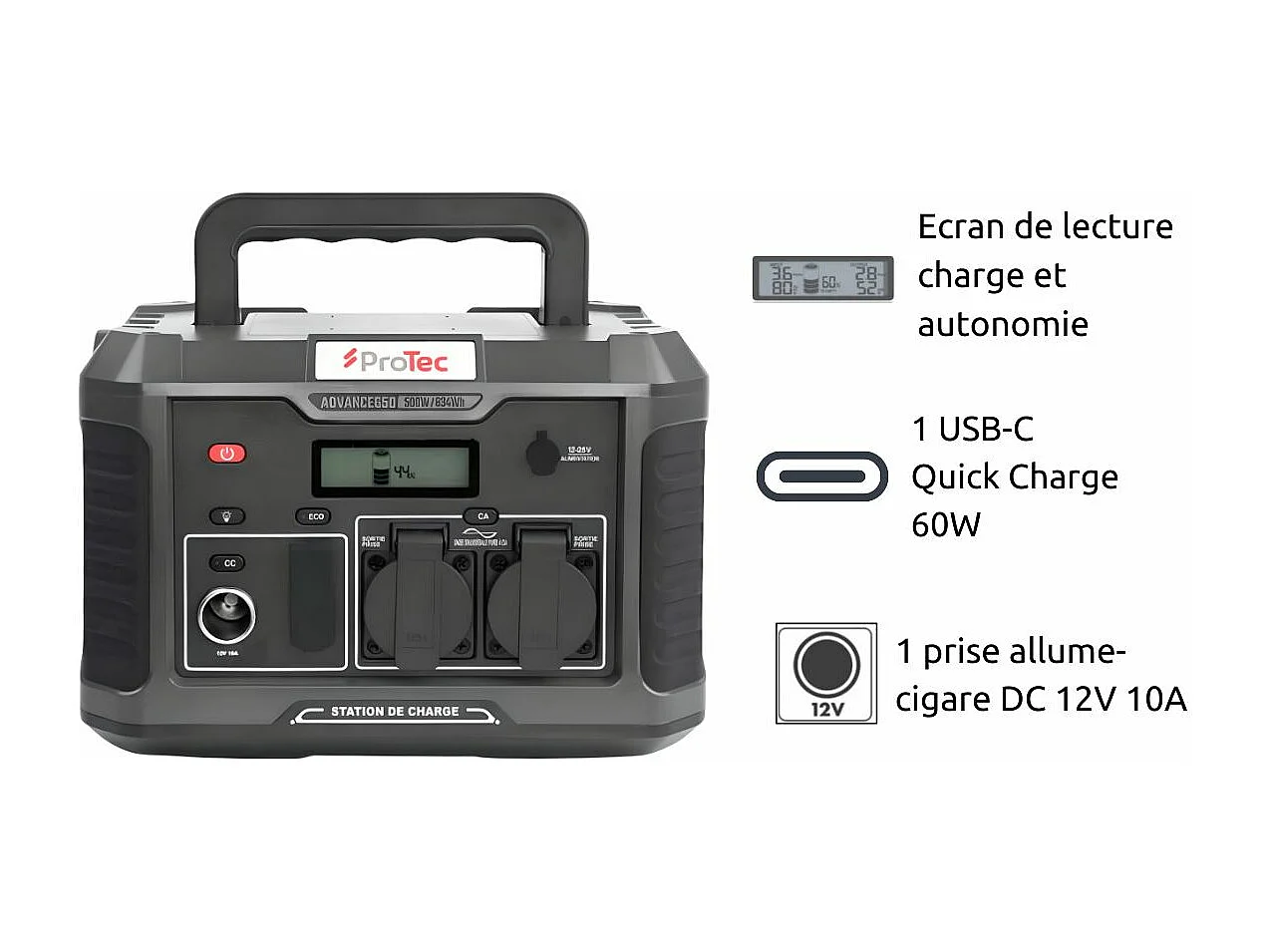 Station d'énergie portable Advance 650 - Générateur électrique - 634Wh/600W - Sortie AC - Noir - Protec