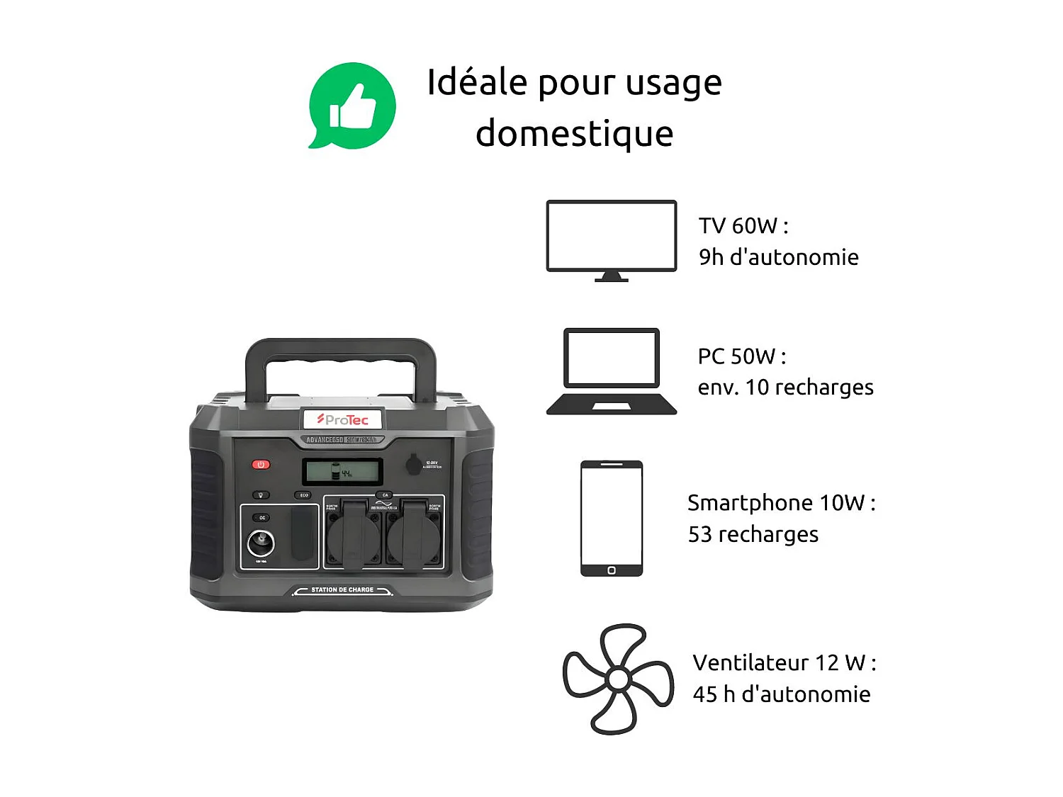 Station d'énergie portable Advance 650 - Générateur électrique - 634Wh/600W - Sortie AC - Noir - Protec