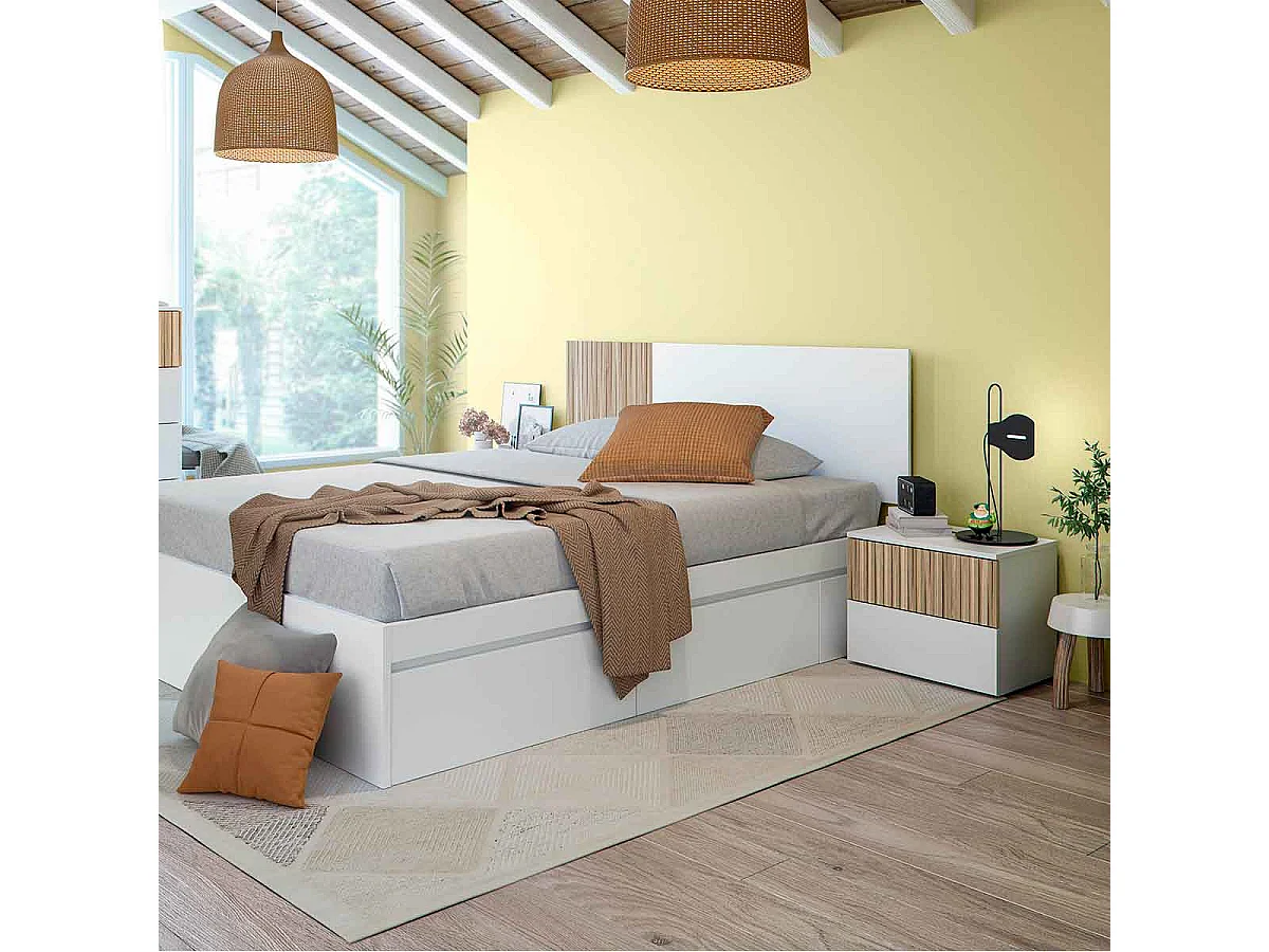 Conjunto de cabezal de matrimonio con 2 mesitas ETHNA en color blanco artik y natur