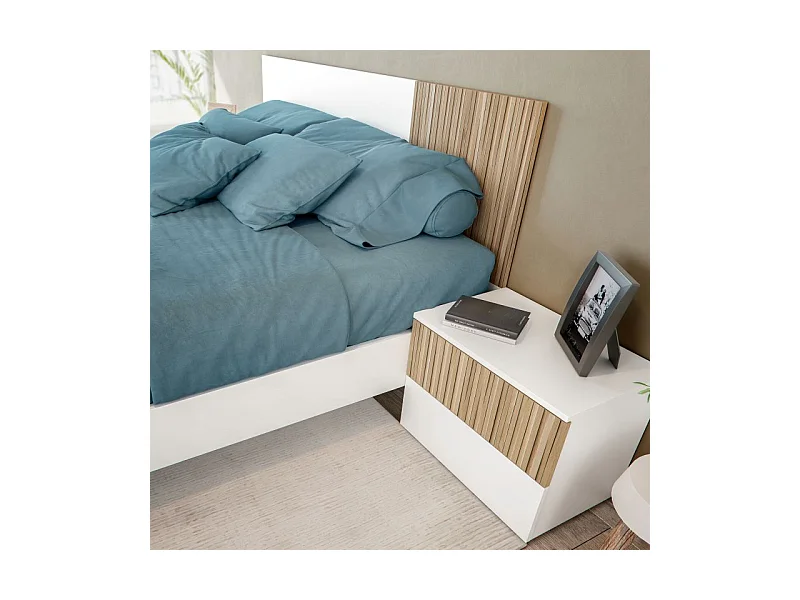 Conjunto de cabezal de matrimonio con 2 mesitas ETHNA en color blanco artik y natur