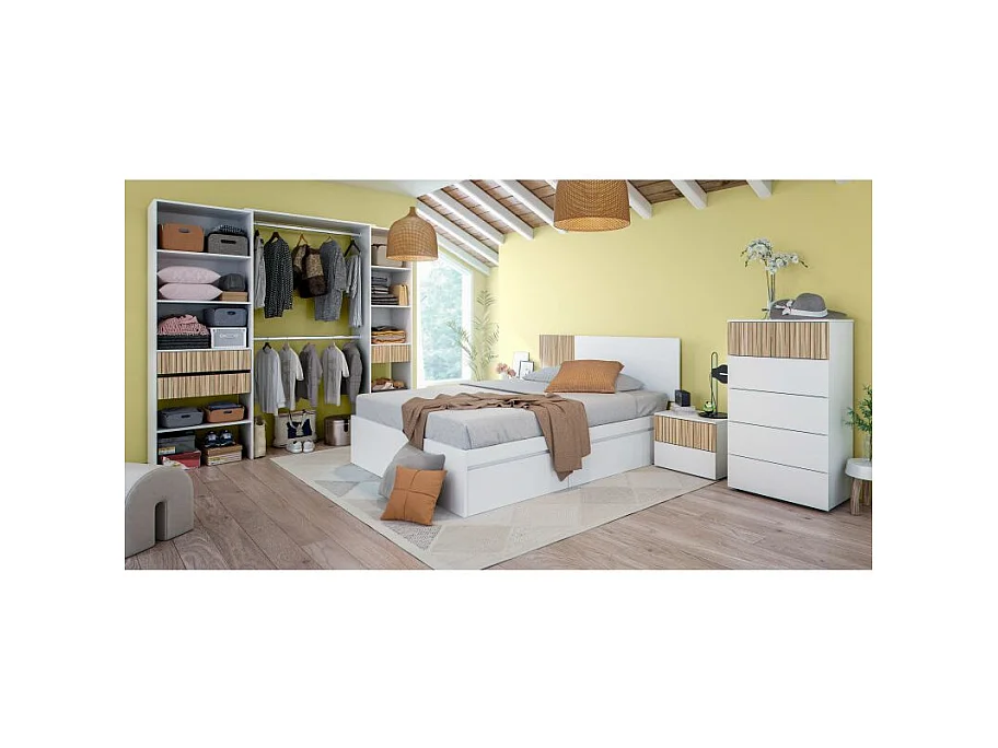 Conjunto de cabezal de matrimonio con 2 mesitas ETHNA en color blanco artik y natur