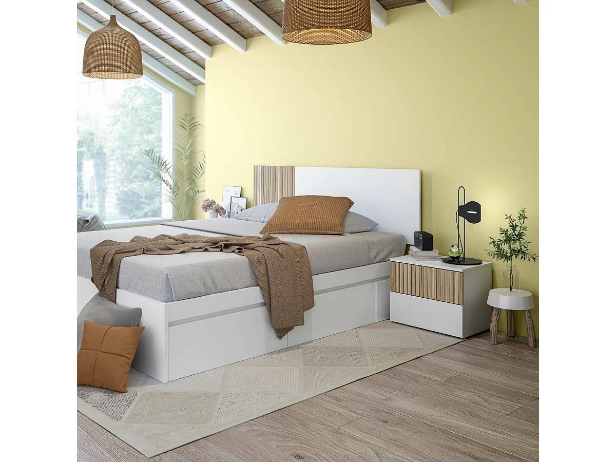 Conjunto de cabezal de matrimonio con 2 mesitas ETHNA en color blanco artik y natur