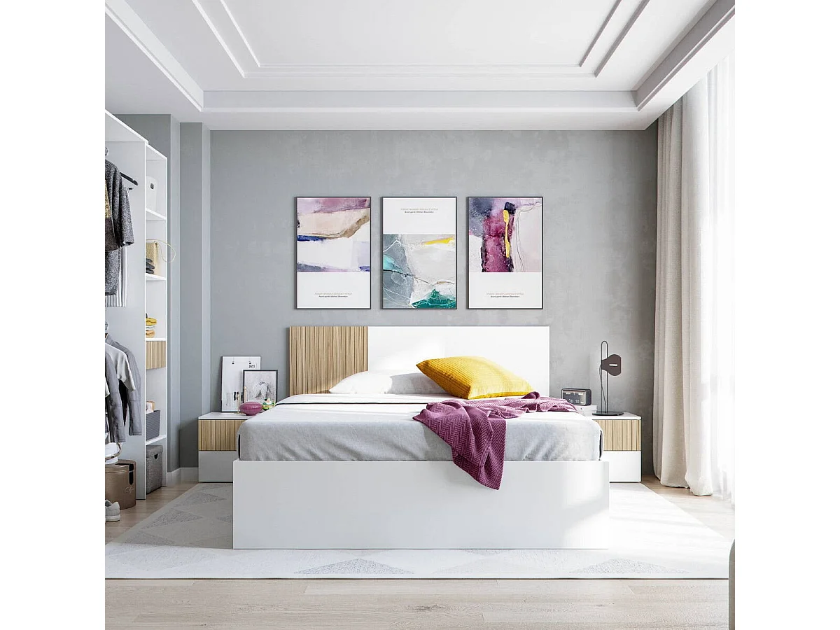 Conjunto de cabezal de matrimonio con 2 mesitas ETHNA en color blanco artik y natur