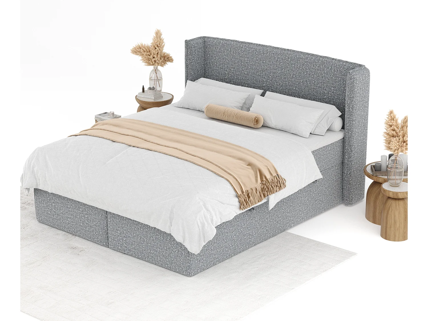 Boxspringbett aus Boucle-Stoff Skyline - Matratze - Toppermatratze - 160x200 cm - grau