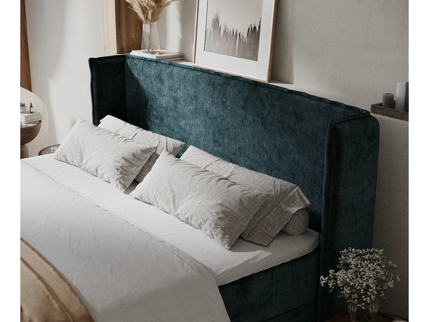 Lit boxspring en tissu chenille Skyline - matelas - surmatelas - 180x200 cm - couleur sarcelle