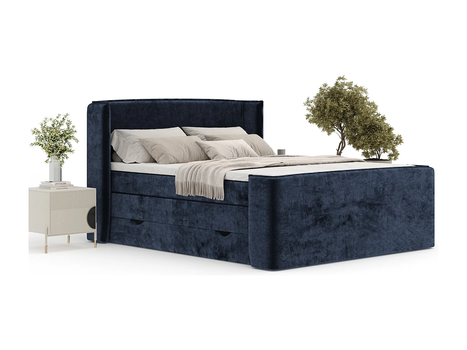 Boxspringbett aus Chenille-Stoff Freeland - Matratze - Toppermatratze - 140x200 cm - marineblau