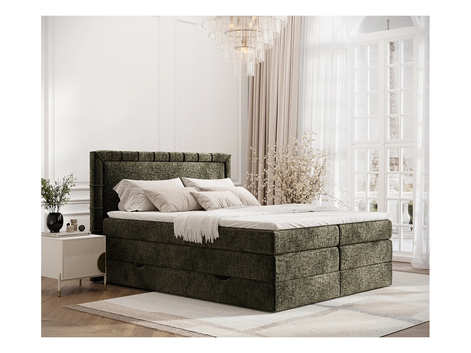 Lit boxspring en tissu chenille Rosabel - matelas - surmatelas - 140x200 cm - vert olive