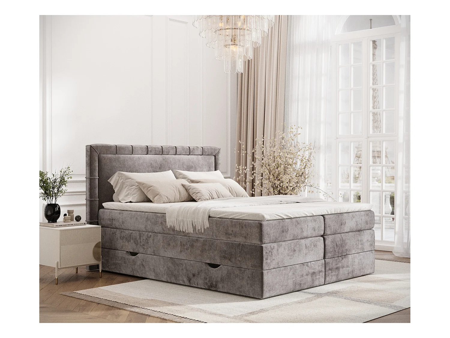 Lit boxspring en tissu chenille Rosabel - matelas - surmatelas - 160x200 cm - beige